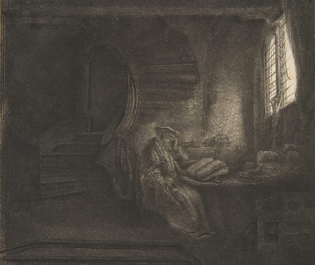 Etching of a man working on a book at a table in front of an open window