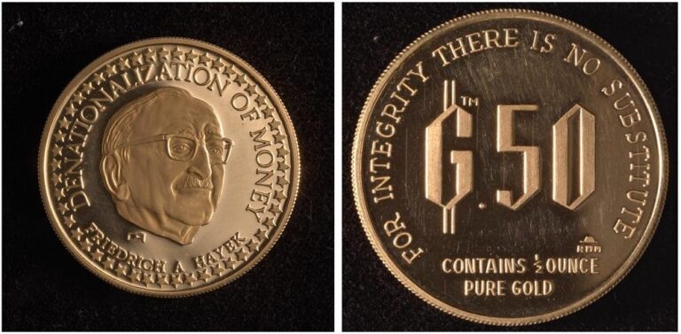 Friedrich A Hayek Gold Coin. Head side reads "Denationalization of Money" with Hayek portrait. Reverse reads "1/2 ounce pure gold."